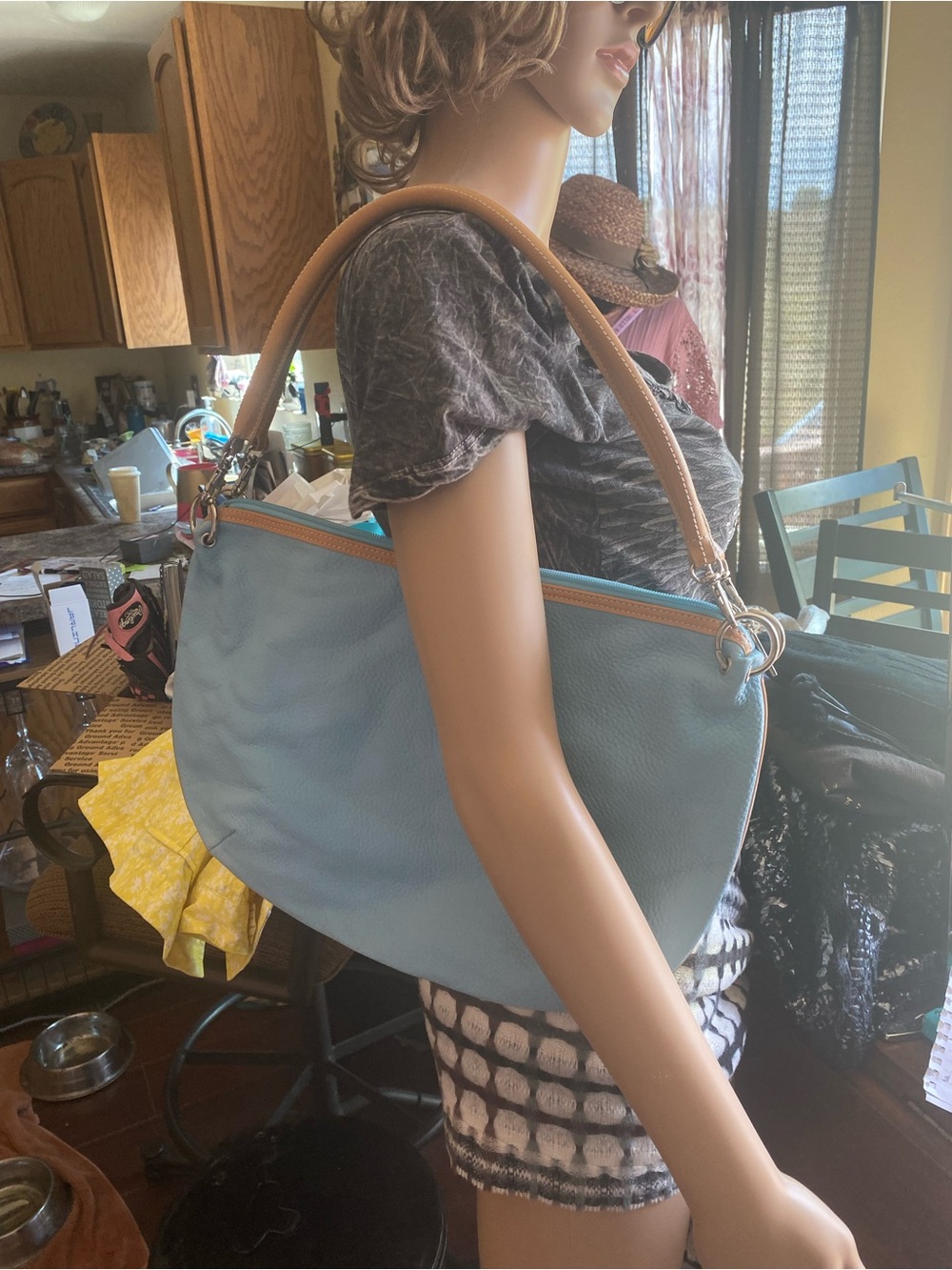 Maxx New York Sky Blue Shoulder Bag with Tan Handles